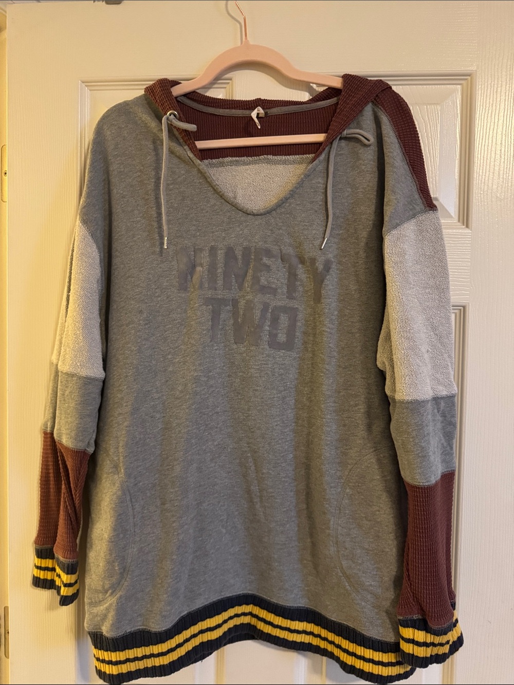 Free People Gray Pullover Hoodie with Maroon Waffle Weave and Navy/Yellow Trim